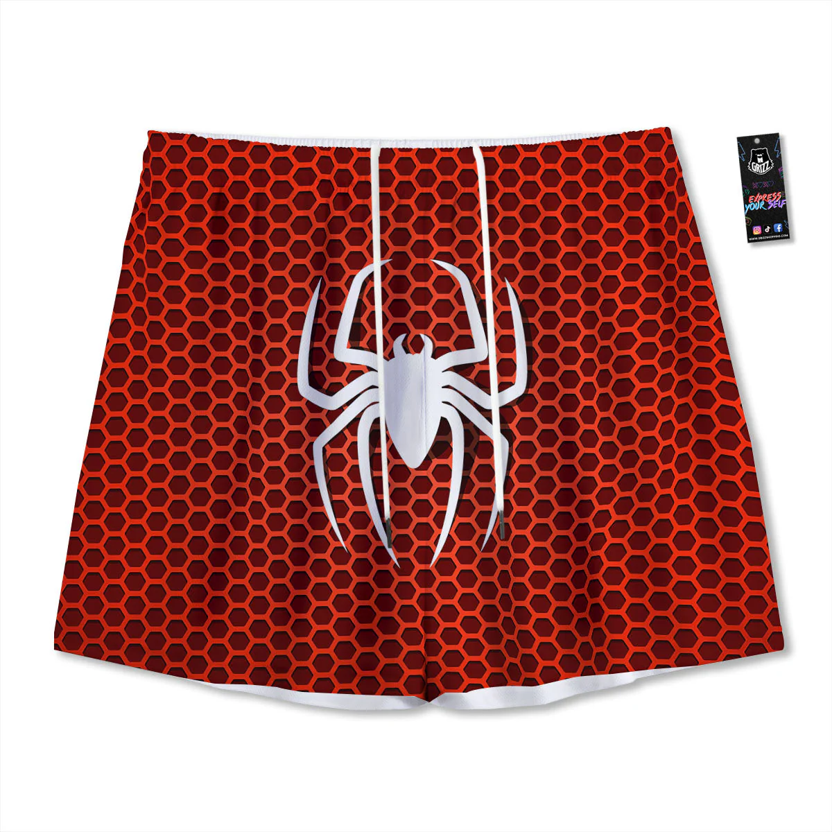 White And Red Spider Print Mesh Shorts