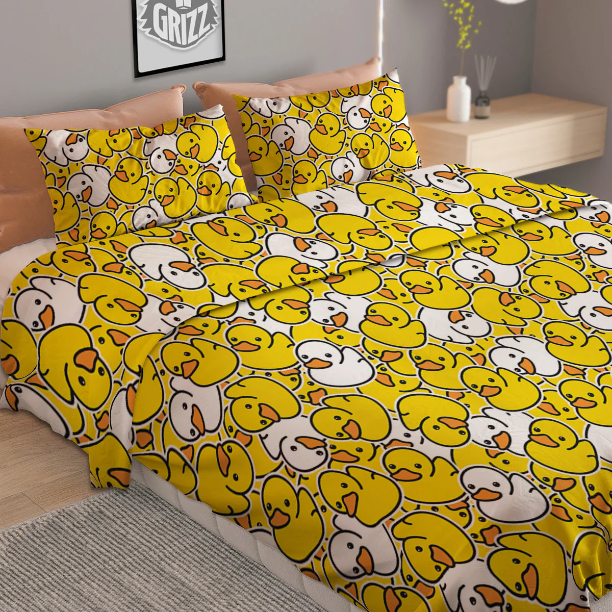 White And Yellow Duck Rubber Print Pattern Duvet Cover Bedding Set - Image 2