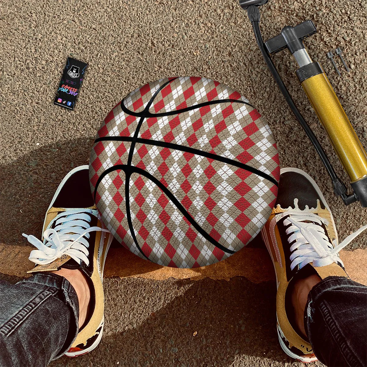 White Argyle And Beige Red Print Pattern Basketball - Image 2