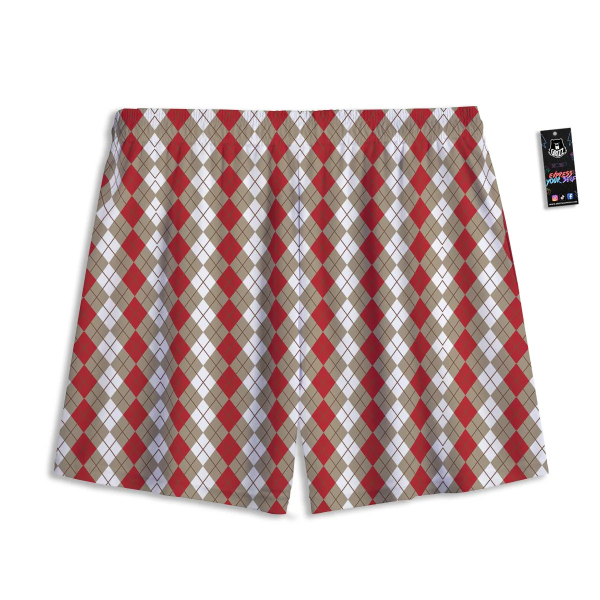 White Argyle And Beige Red Print Pattern Mesh Shorts - Image 2