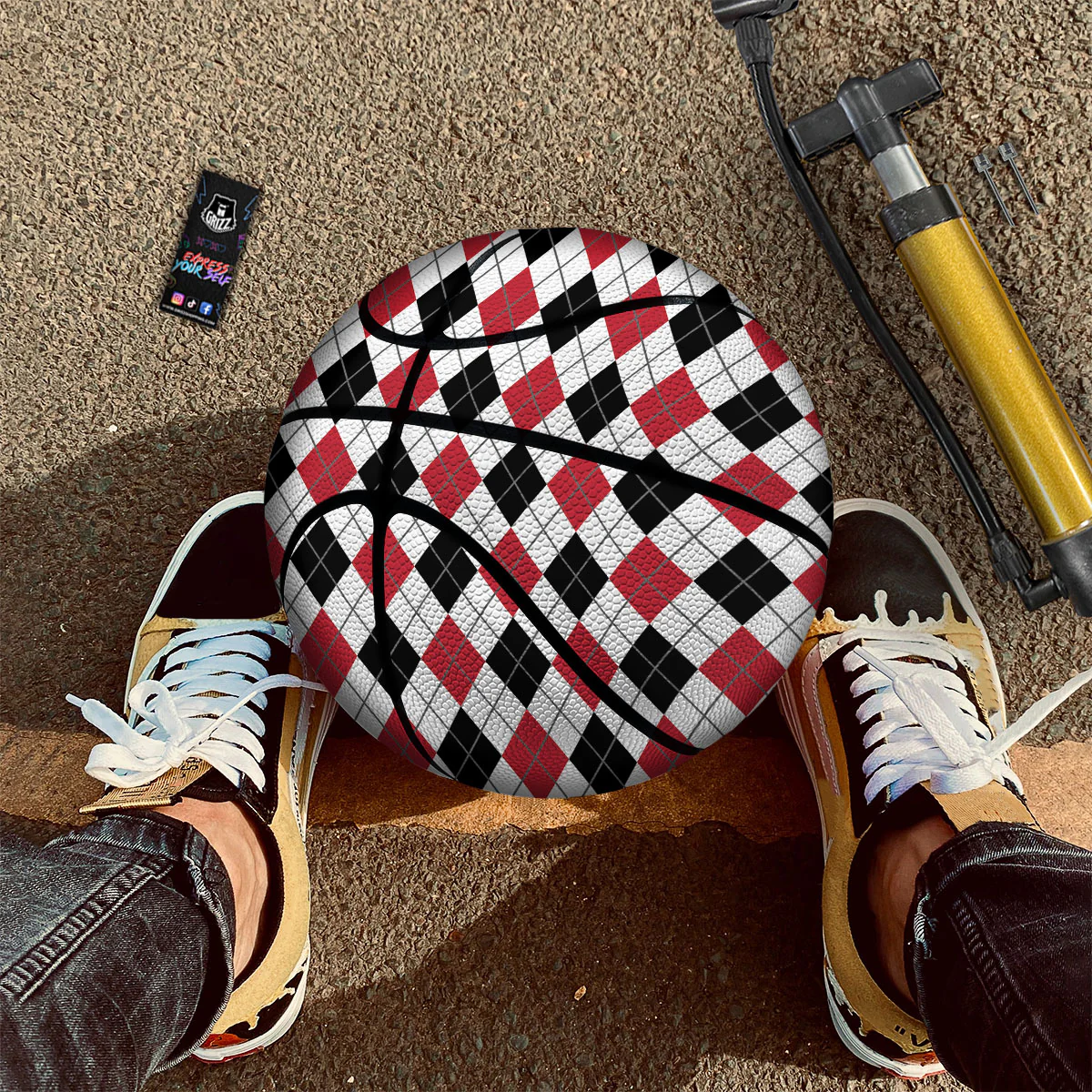 White Argyle And Black Red Print Basketball - Image 2