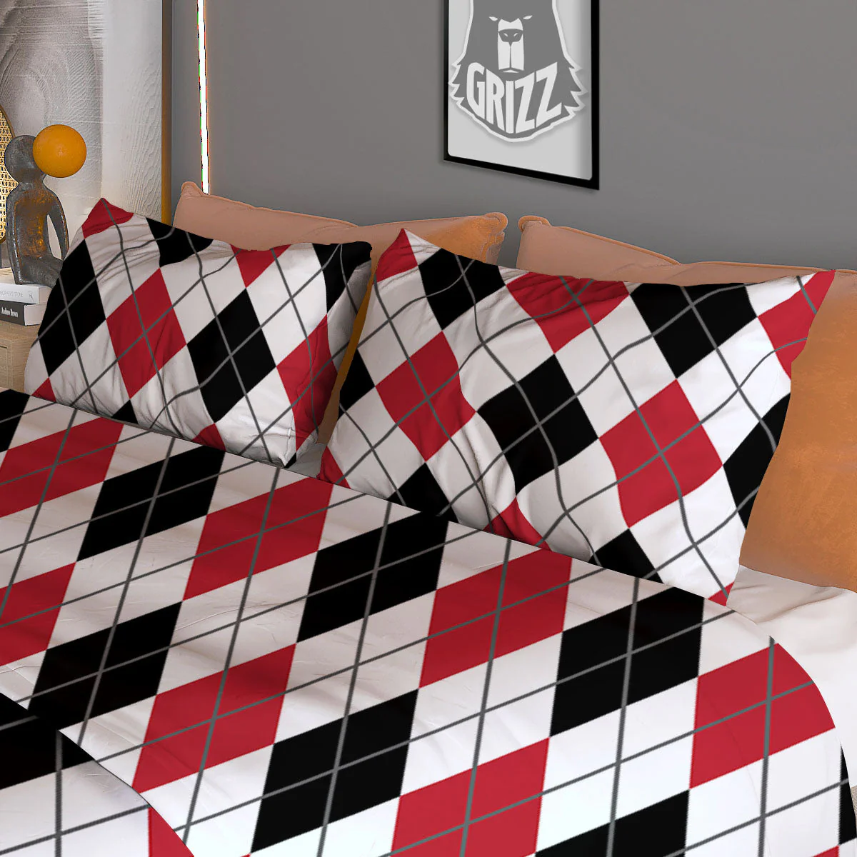 White Argyle And Black Red Print Duvet Cover Bedding Set - Image 3