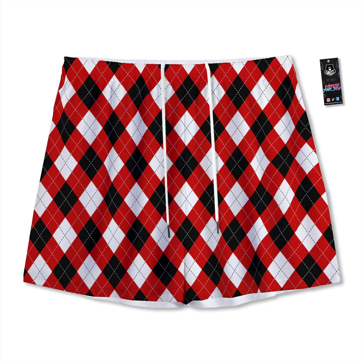 White Argyle And Black Red Print Pattern Mesh Shorts