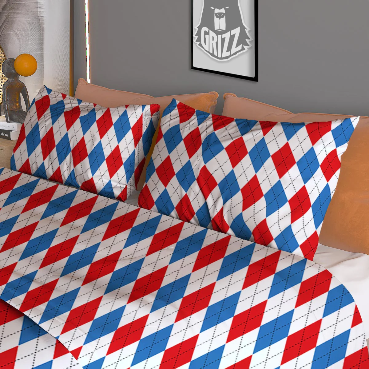 White Argyle And Blue Red Print Pattern Duvet Cover Bedding Set - Image 3