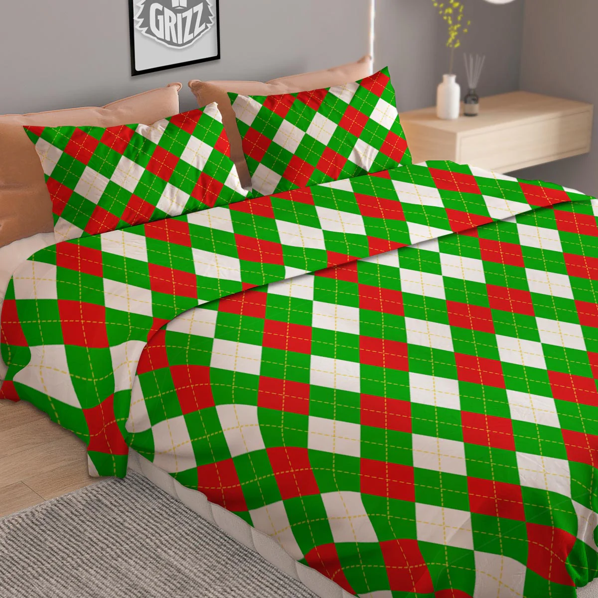 White Argyle And Green Red Print Pattern Duvet Cover Bedding Set - Image 2