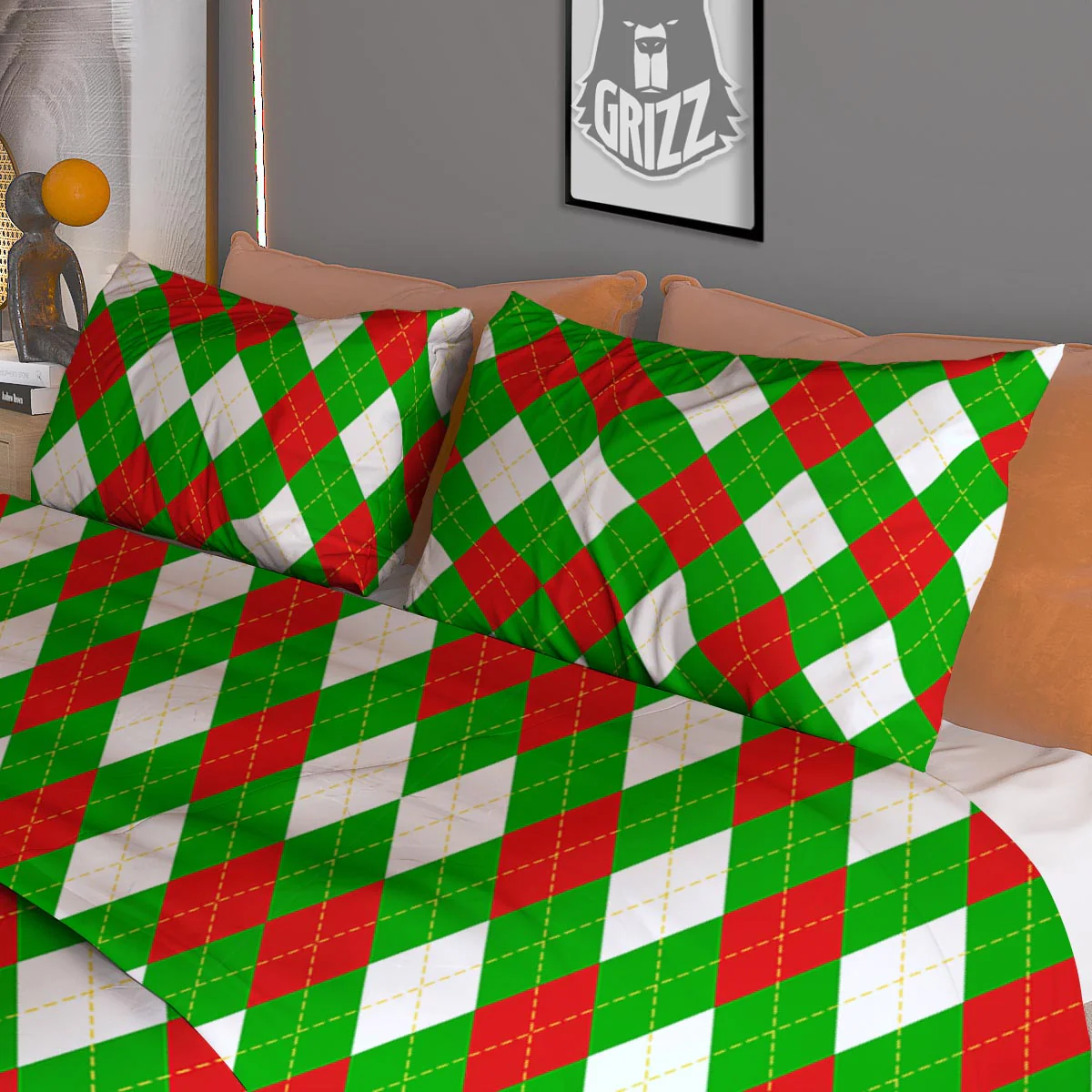 White Argyle And Green Red Print Pattern Duvet Cover Bedding Set - Image 3