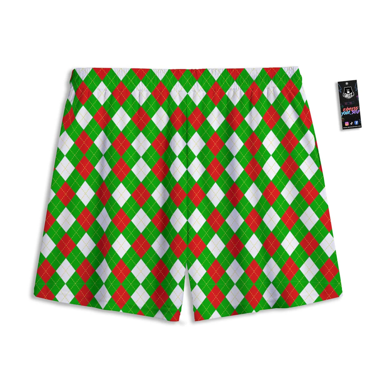 White Argyle And Green Red Print Pattern Mesh Shorts - Image 2