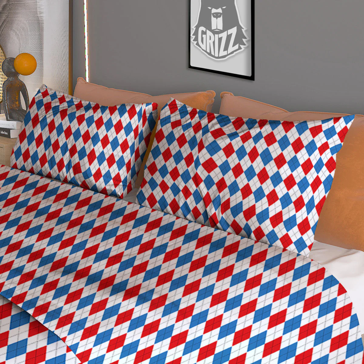 White Blue And Red Argyle Print Pattern Duvet Cover Bedding Set - Image 3