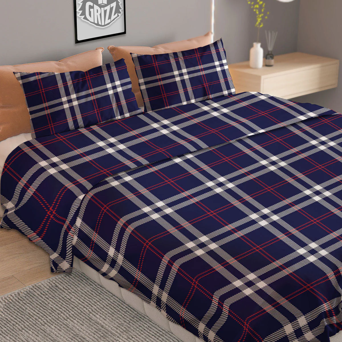 White Blue And Red Tartan Print Pattern Duvet Cover Bedding Set - Image 2
