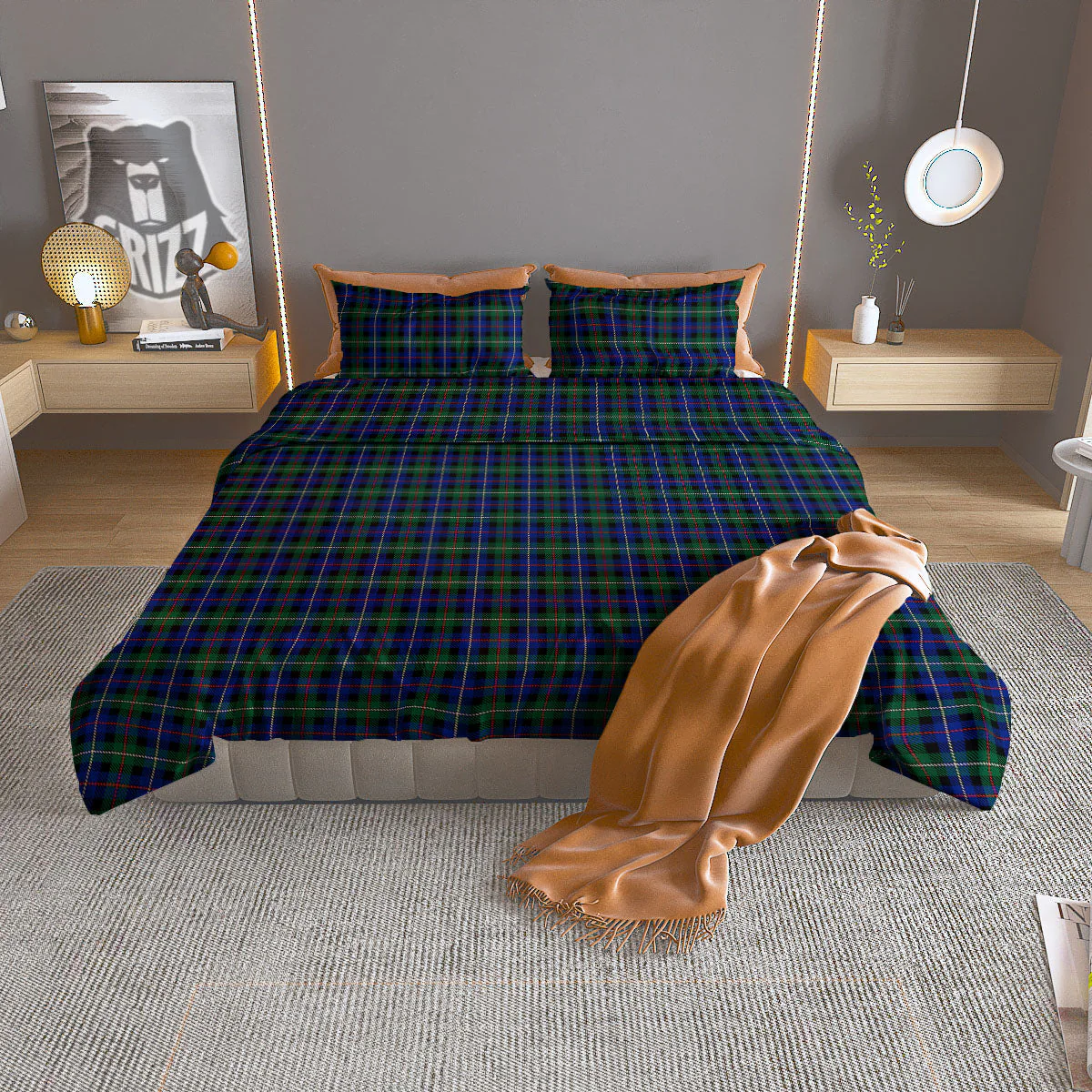 White Buffalo And Green Blue Plaid Print Duvet Cover Bedding Set