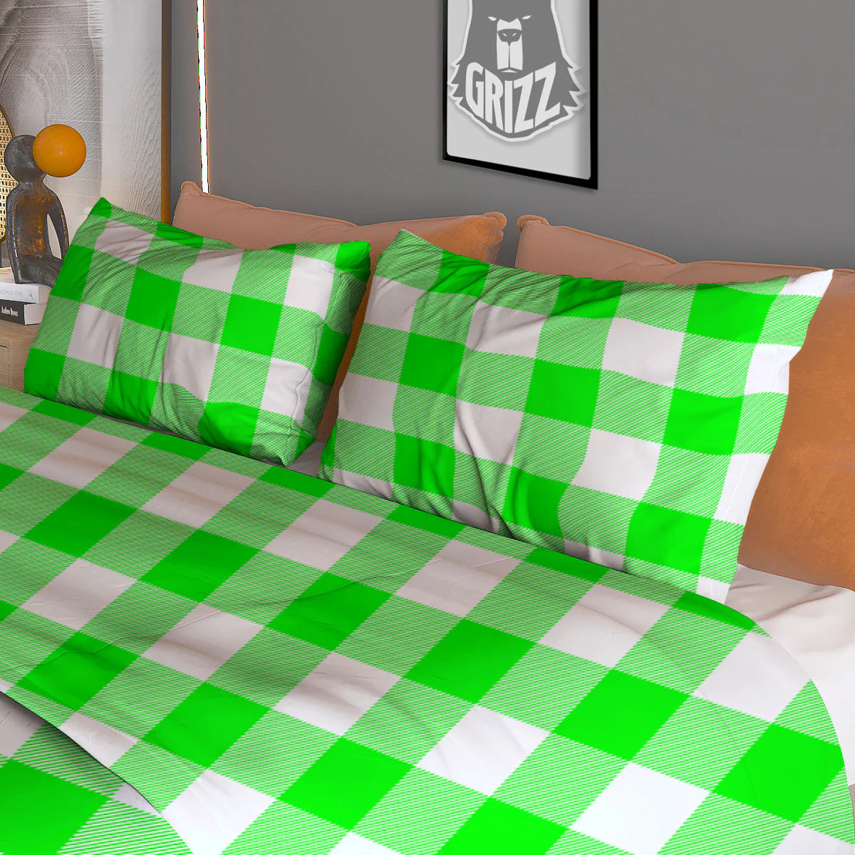 White Buffalo Check And UFO Green Print Pattern Duvet Cover Bedding Set - Image 3