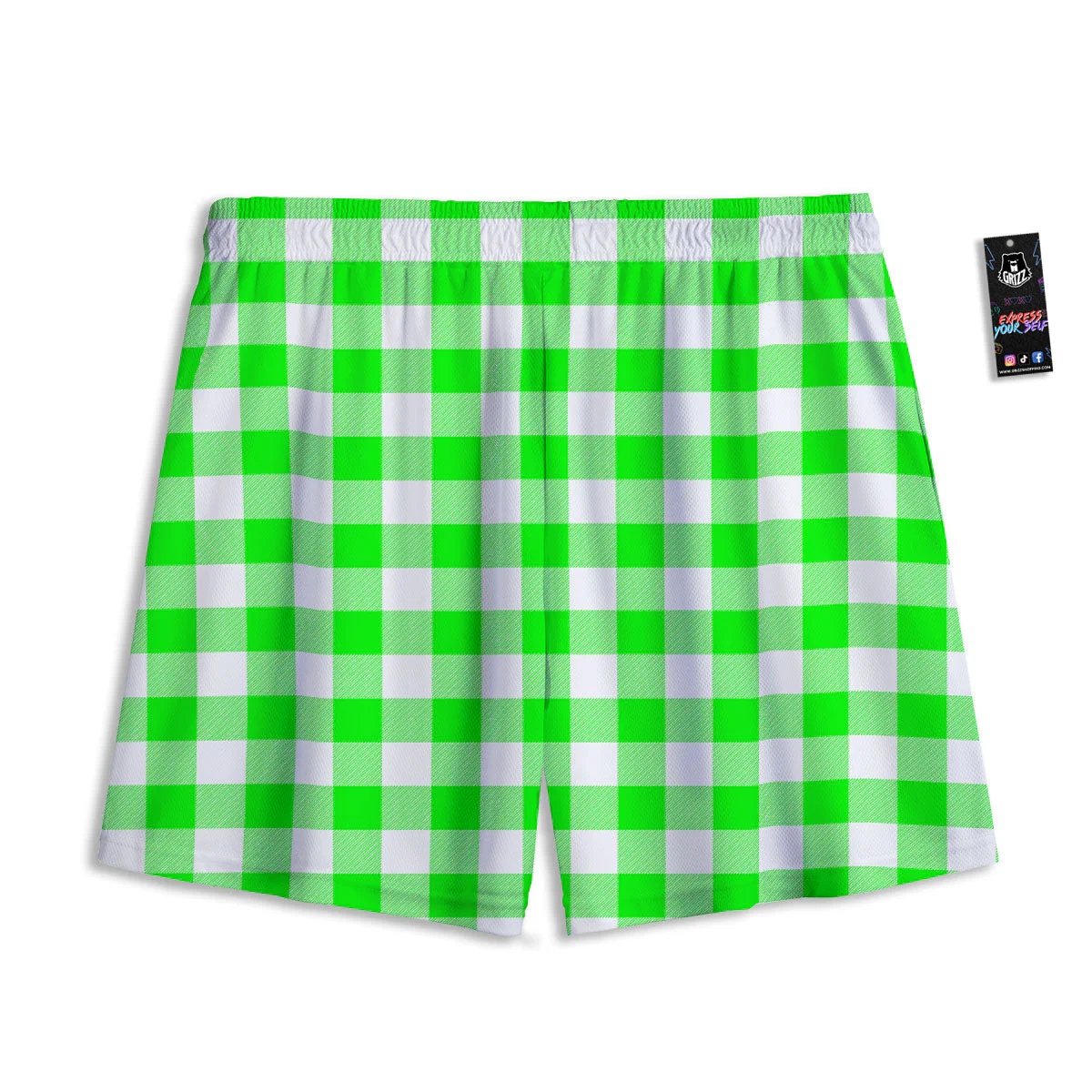 White Buffalo Check And UFO Green Print Pattern Mesh Shorts - Image 2