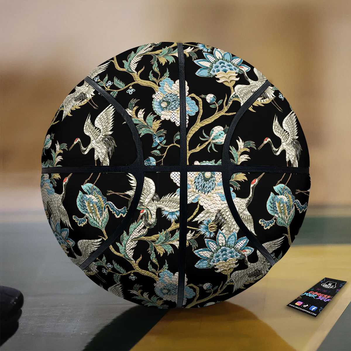 White Cranes Japanese Black Print Pattern Basketball