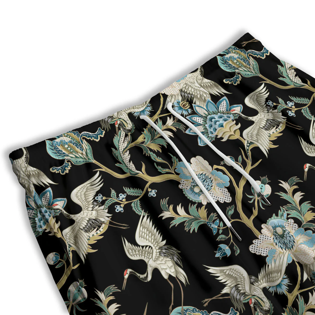 White Cranes Japanese Black Print Pattern Men's Athletic Shorts - Image 3