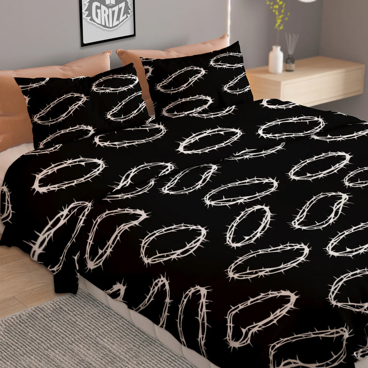 White Crown Of Thorns Print Pattern Duvet Cover Bedding Set - Image 2