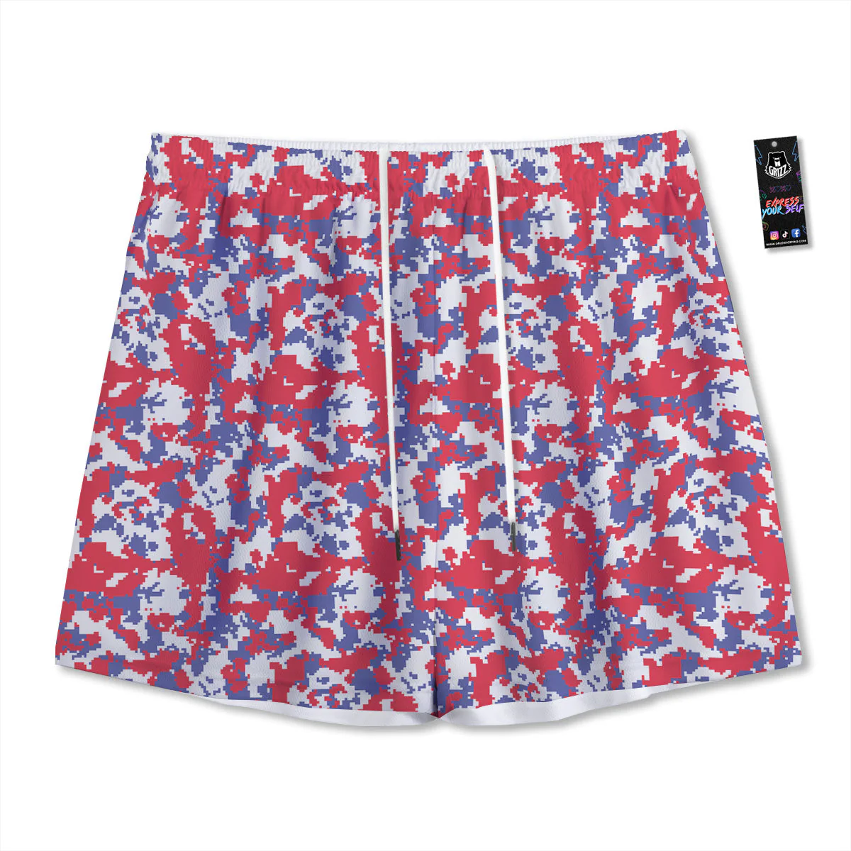 White Digital Camo And Blue Red Print Mesh Shorts