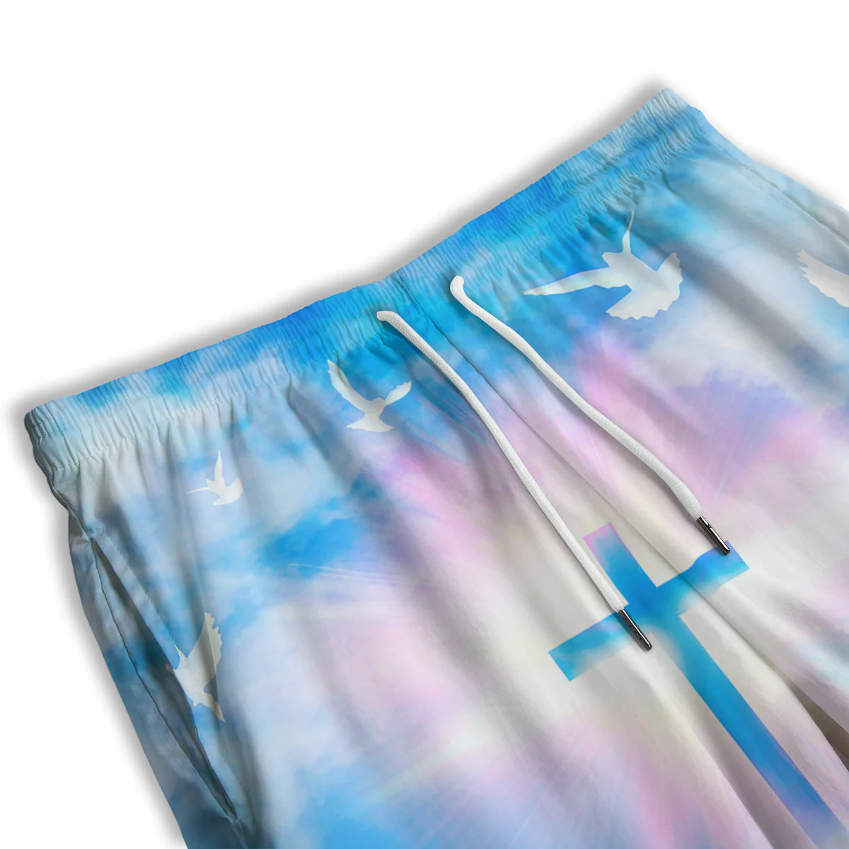 White Doves And Christian Cross Print Men's Athletic Shorts - Image 3
