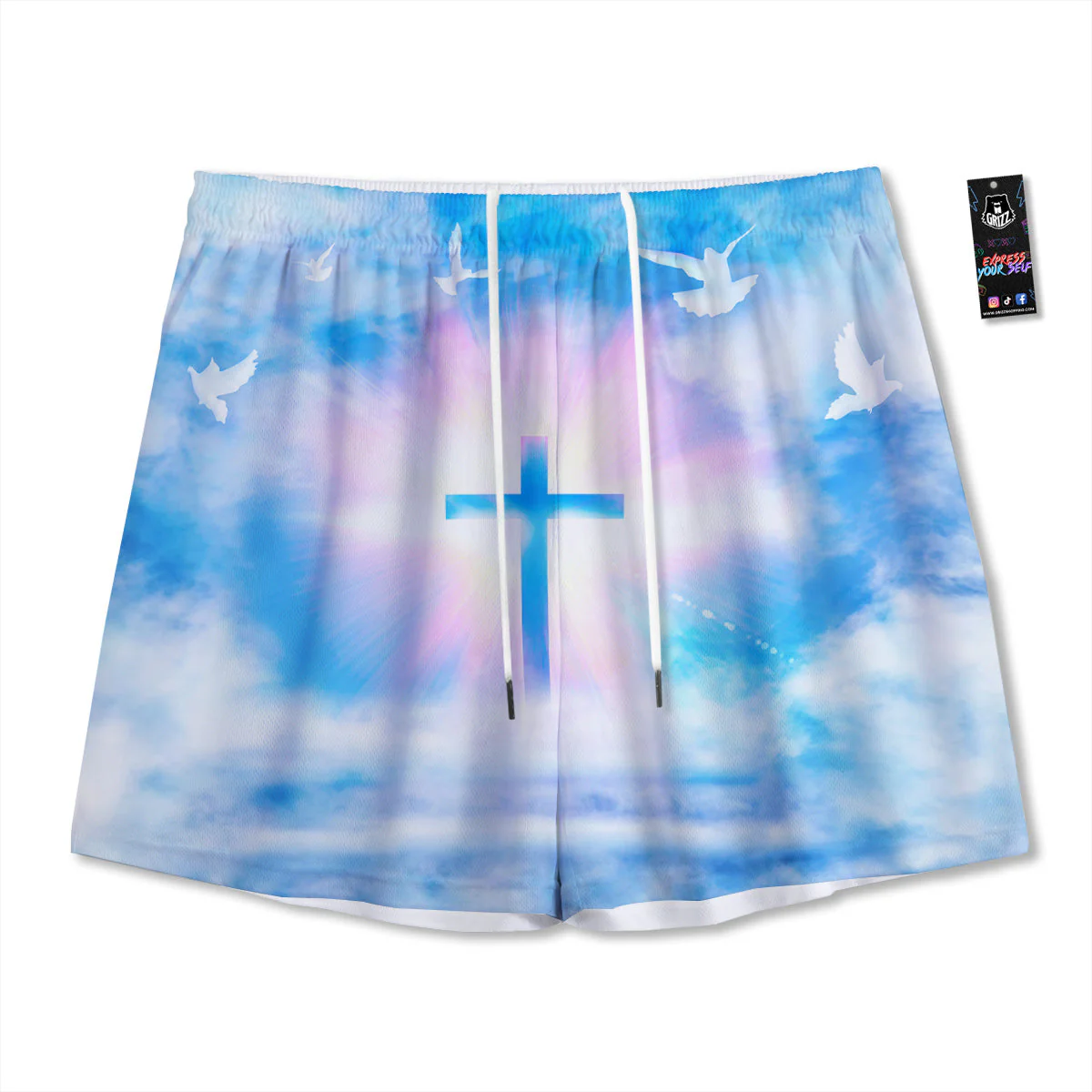 White Doves And Christian Cross Print Mesh Shorts