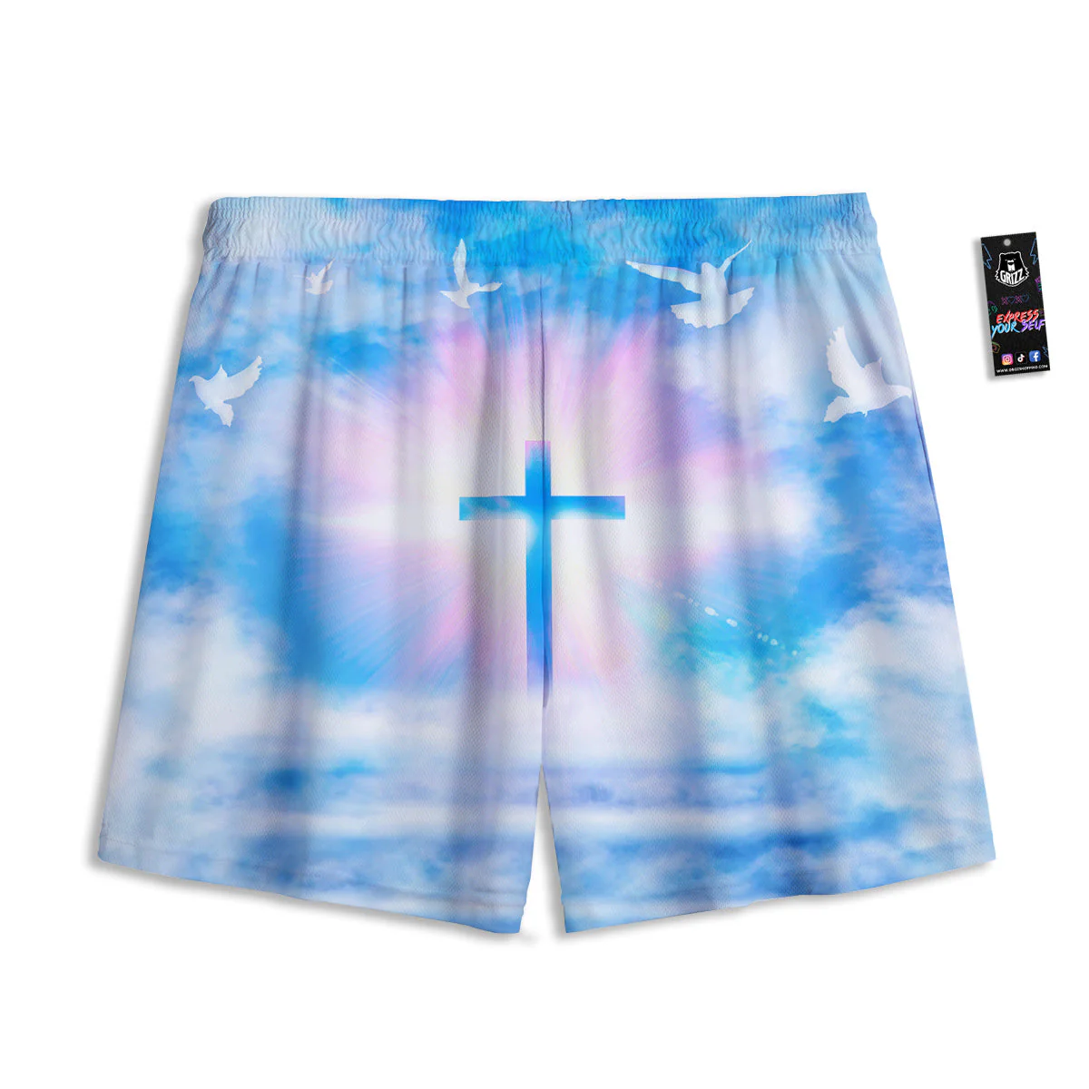 White Doves And Christian Cross Print Mesh Shorts - Image 2
