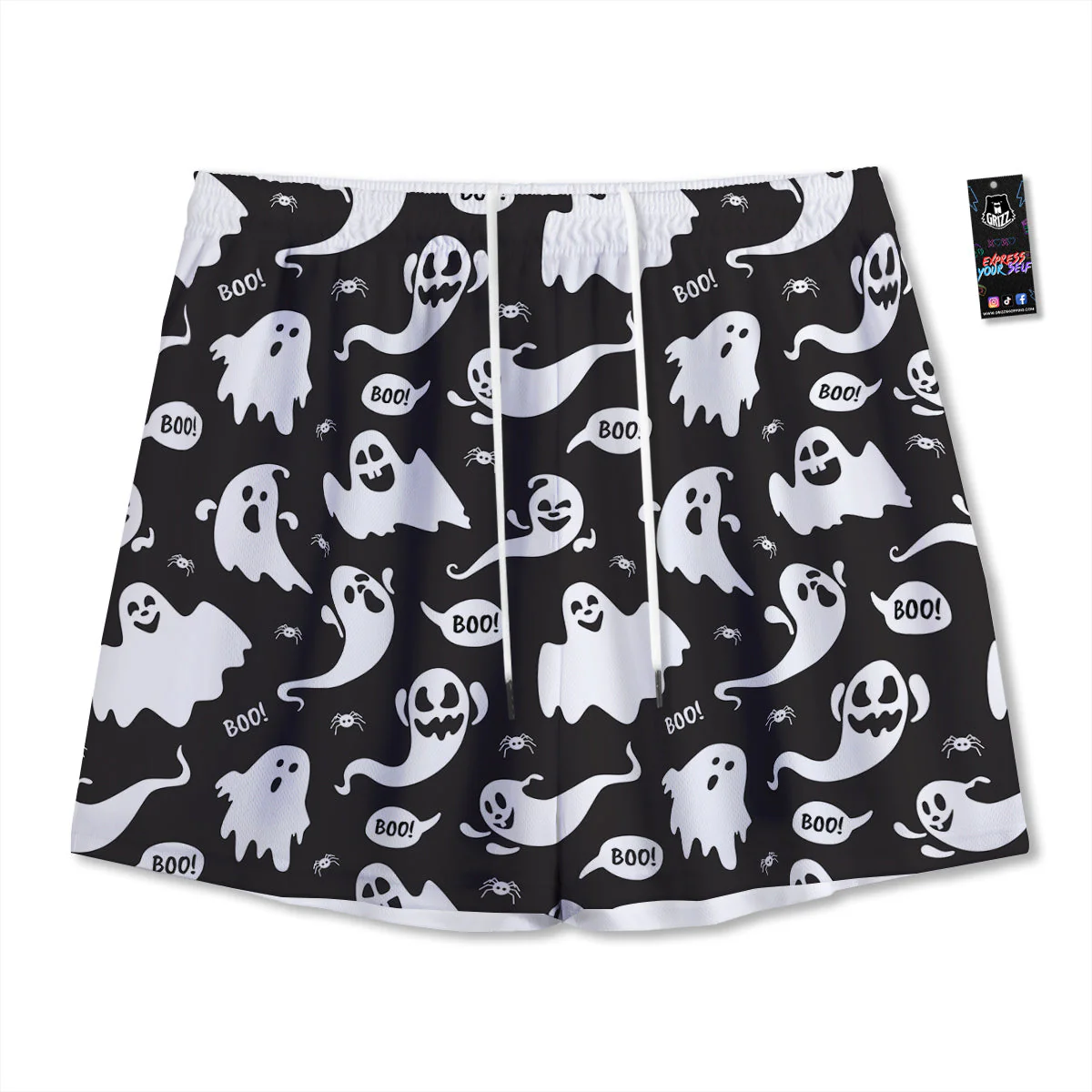 White Ghost Print Pattern Mesh Shorts