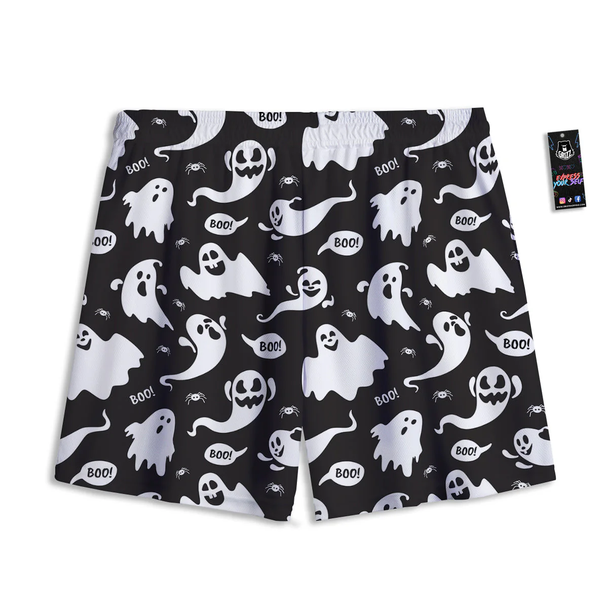 White Ghost Print Pattern Mesh Shorts - Image 2