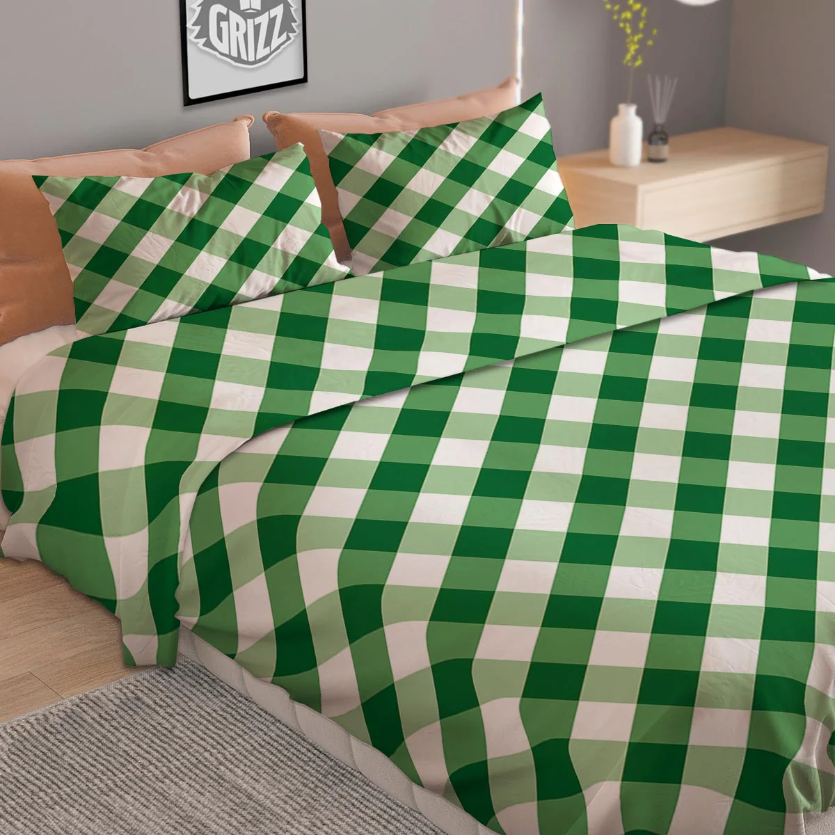 White Gingham And Green Shamrock Print Pattern Duvet Cover Bedding Set - Image 2