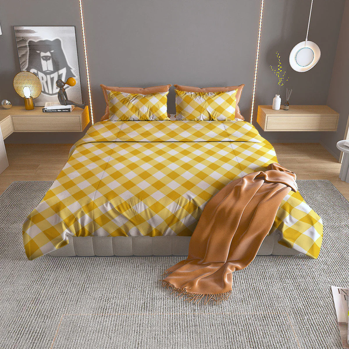 White Gingham And Yellow Honey Print Duvet Cover Bedding Set