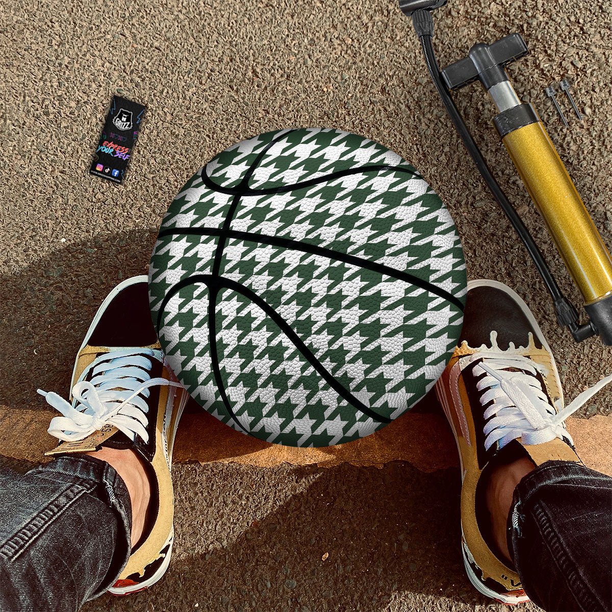 White Green Jungle Houndstooth Print Basketball - Image 2