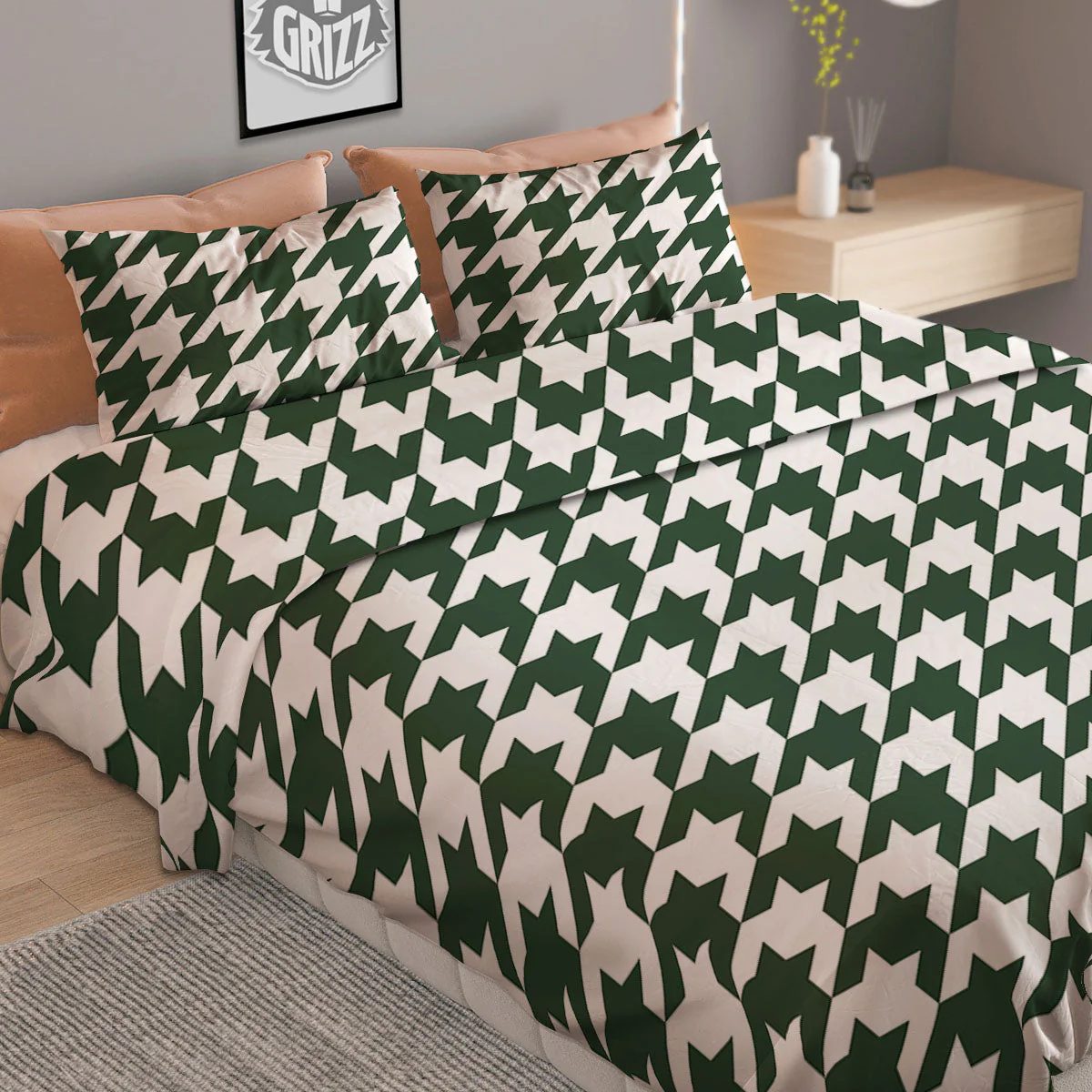 White Green Jungle Houndstooth Print Duvet Cover Bedding Set - Image 2