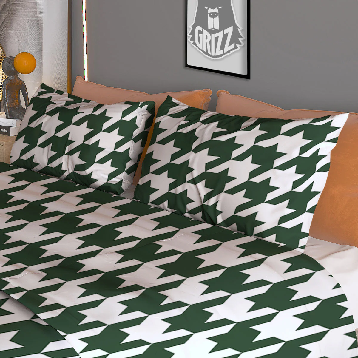 White Green Jungle Houndstooth Print Duvet Cover Bedding Set - Image 3