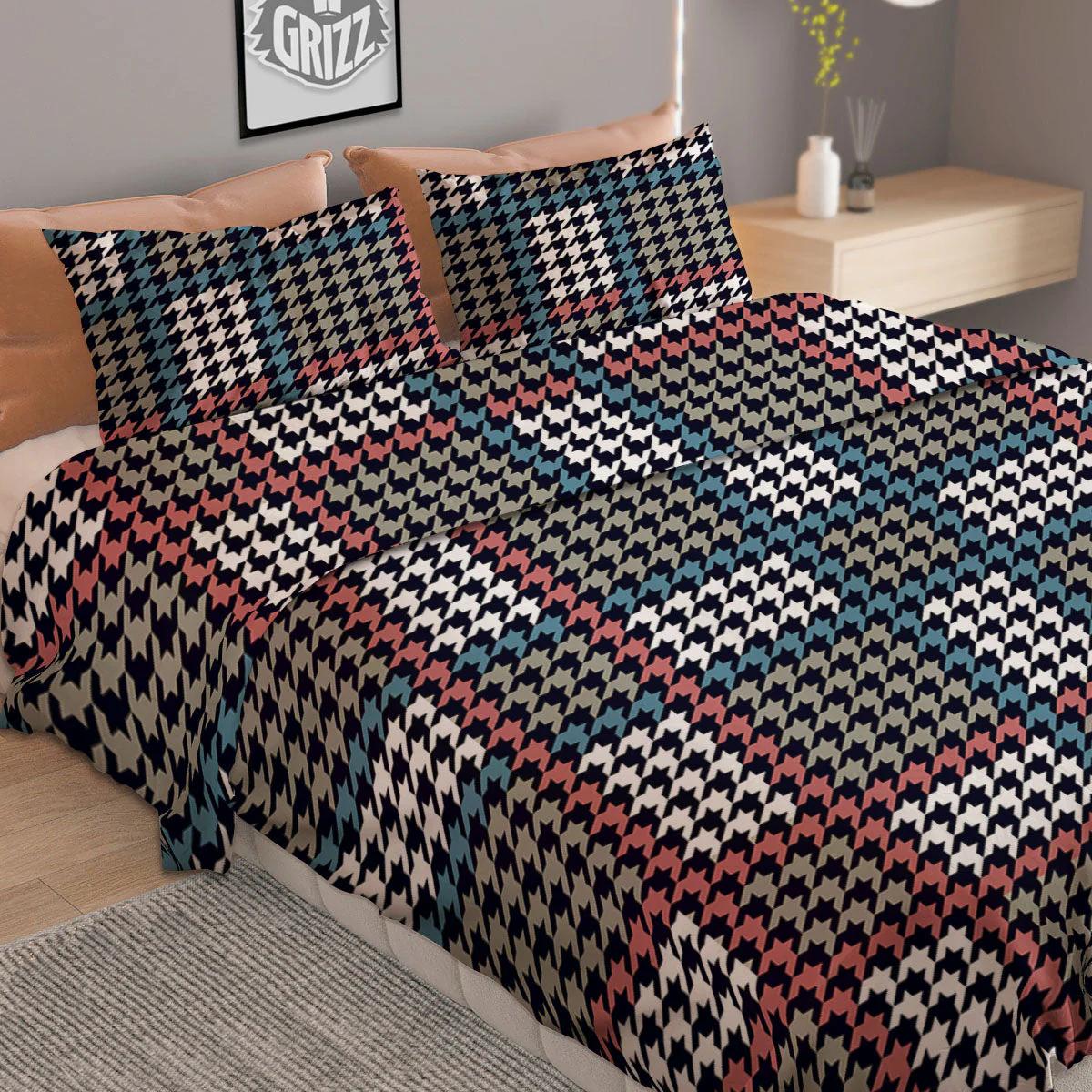 White Houndstooth And Blue Red Print Duvet Cover Bedding Set - Image 2