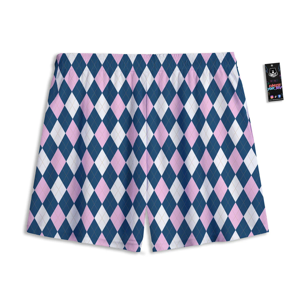 White Pink And Blue Argyle Print Pattern Mesh Shorts - Image 2