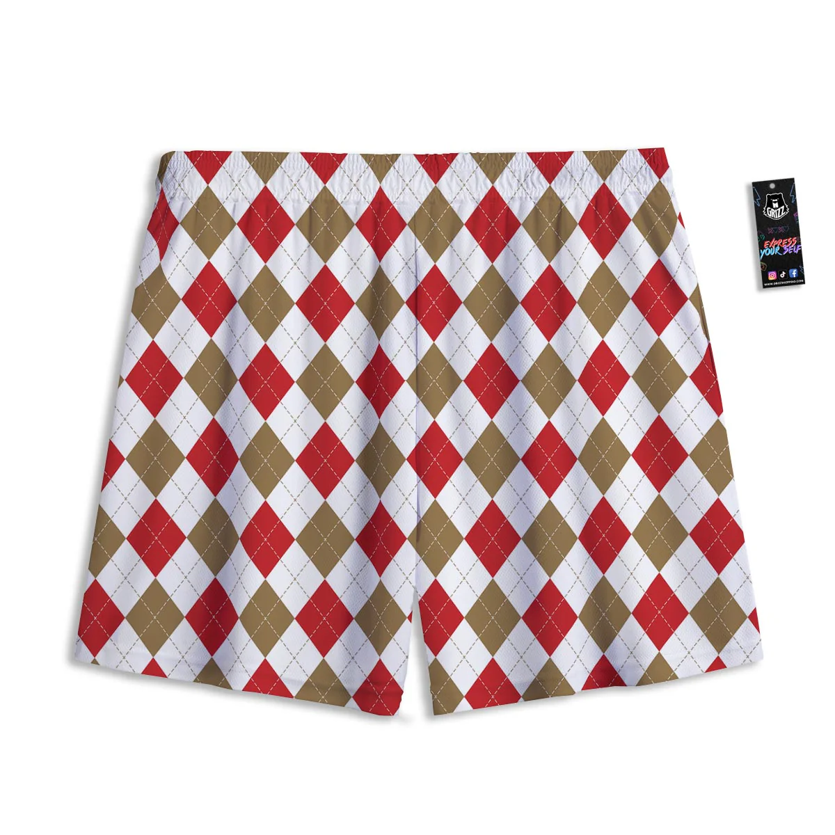 White Red And Beige Argyle Print Pattern Mesh Shorts - Image 2
