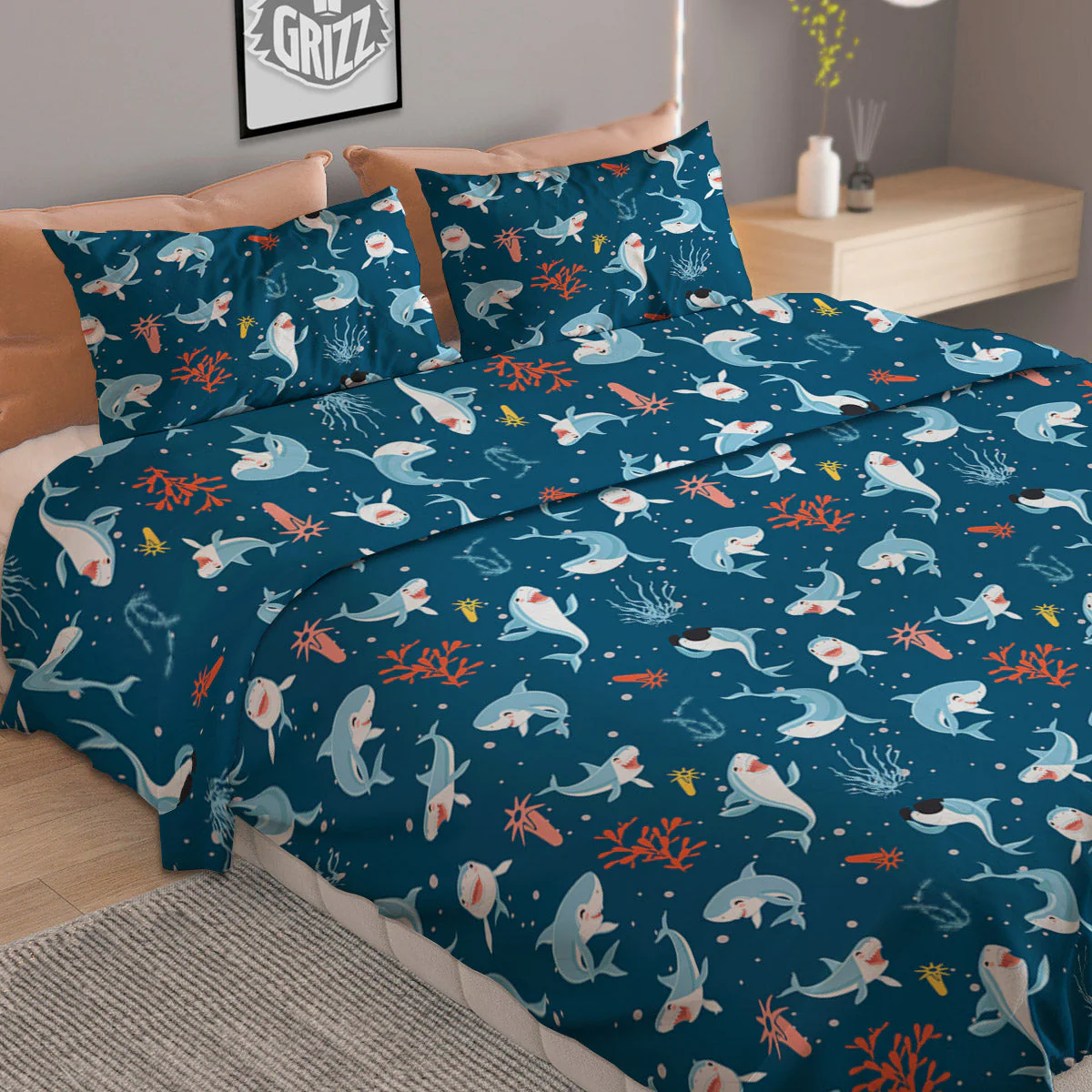 White Shark Cartoon Print Pattern Duvet Cover Bedding Set - Image 2