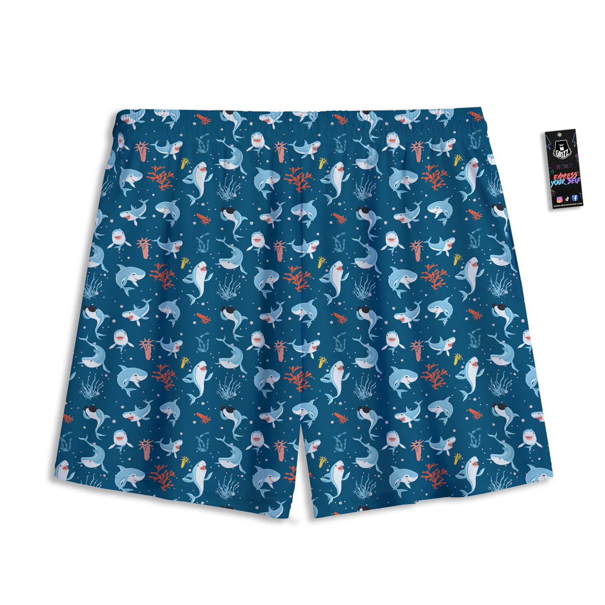 White Shark Cartoon Print Pattern Mesh Shorts - Image 2