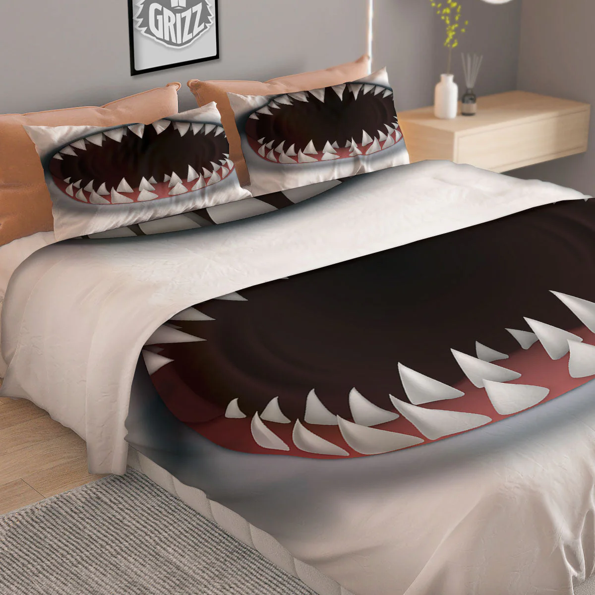 White Shark Open Mouth Print Duvet Cover Bedding Set - Image 2