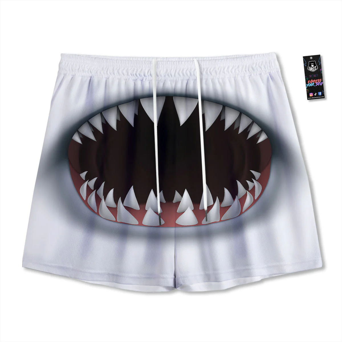 White Shark Open Mouth Print Mesh Shorts