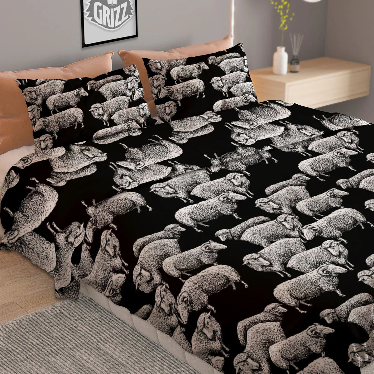 White Sheep And Black Print Pattern Duvet Cover Bedding Set - Image 2