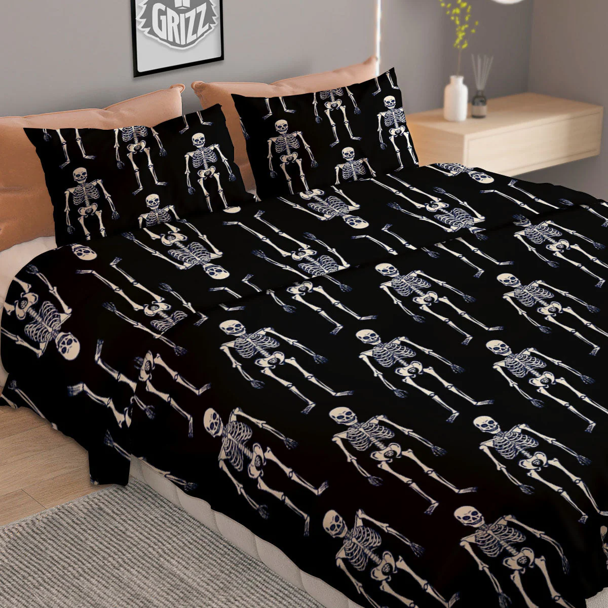 White Skeleton And Black Print Pattern Duvet Cover Bedding Set - Image 2