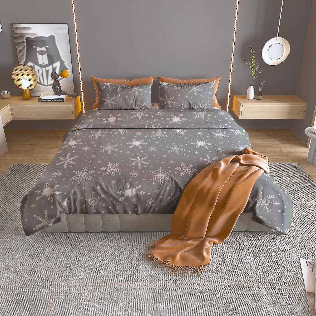 White Snowflake And Silver Print Pattern Duvet Cover Bedding Set