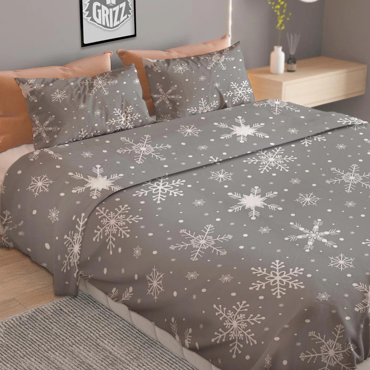 White Snowflake And Silver Print Pattern Duvet Cover Bedding Set - Image 2