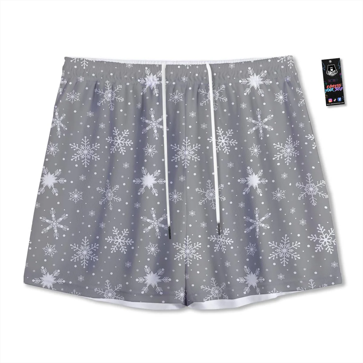 White Snowflake And Silver Print Pattern Mesh Shorts