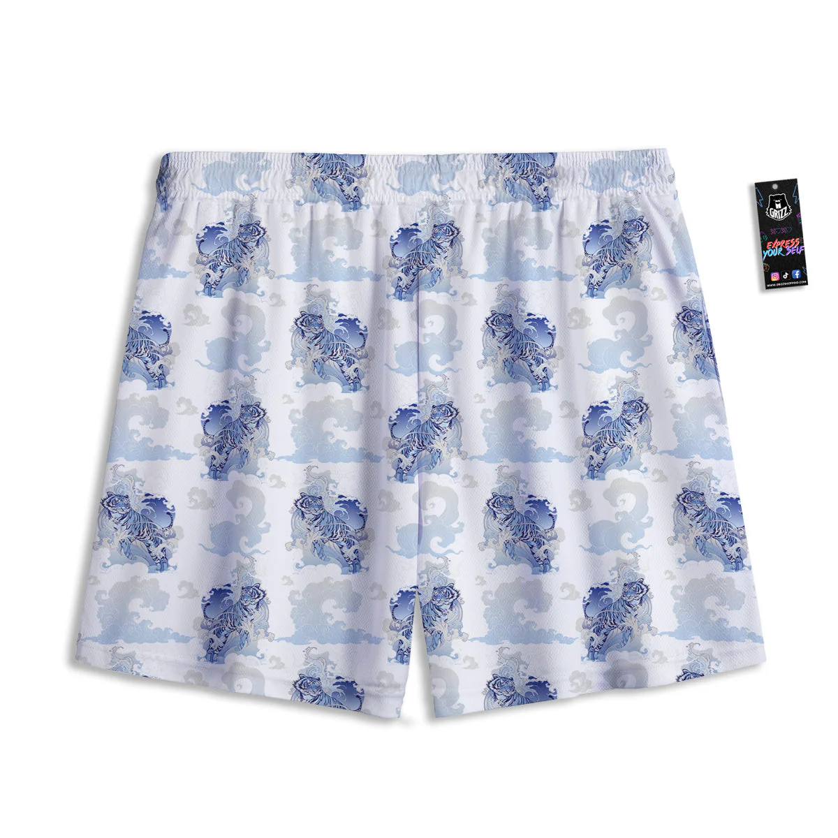 White Tiger Tattoo Japanese Print Pattern Mesh Shorts - Image 2