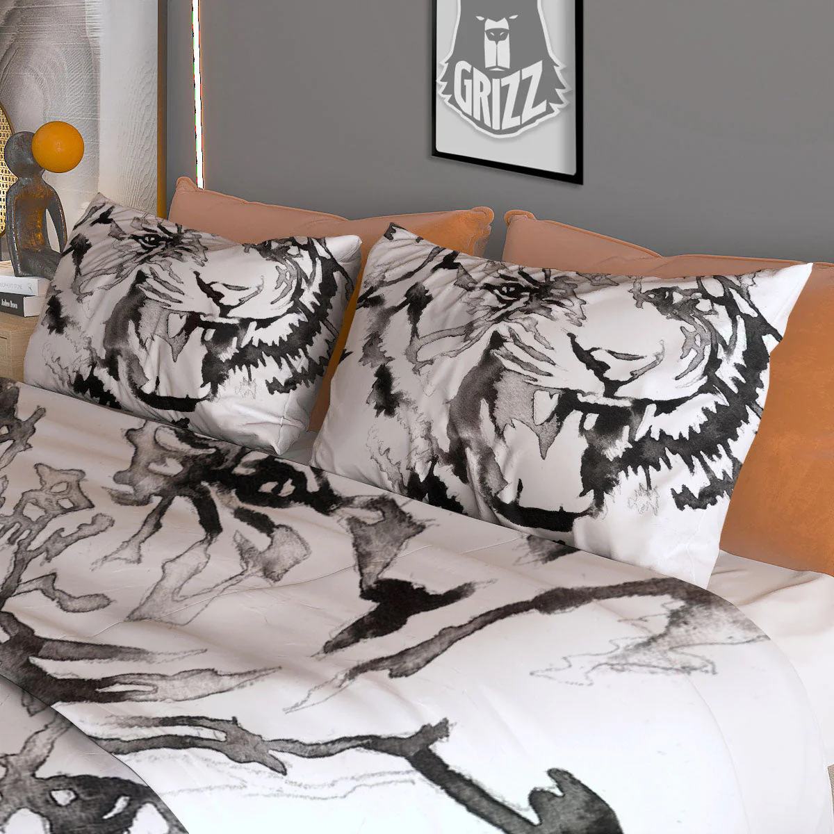 White Tiger Watercolor Monochrome Print Duvet Cover Bedding Set - Image 3