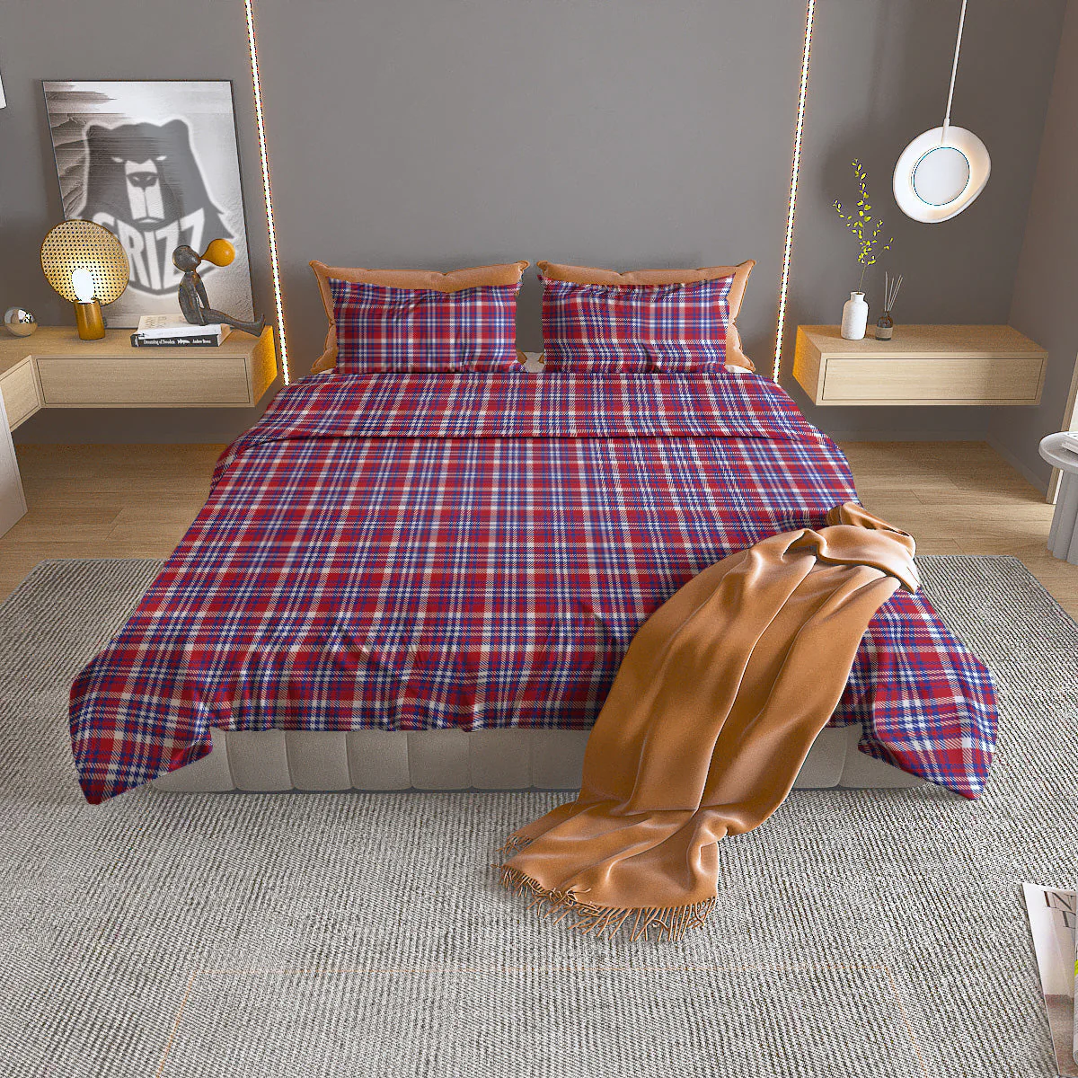 White USA Plaid And Blue Red Print Duvet Cover Bedding Set