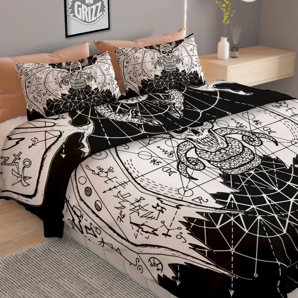 Wicca Devil Skull White And Black Print Duvet Cover Bedding Set - Image 2