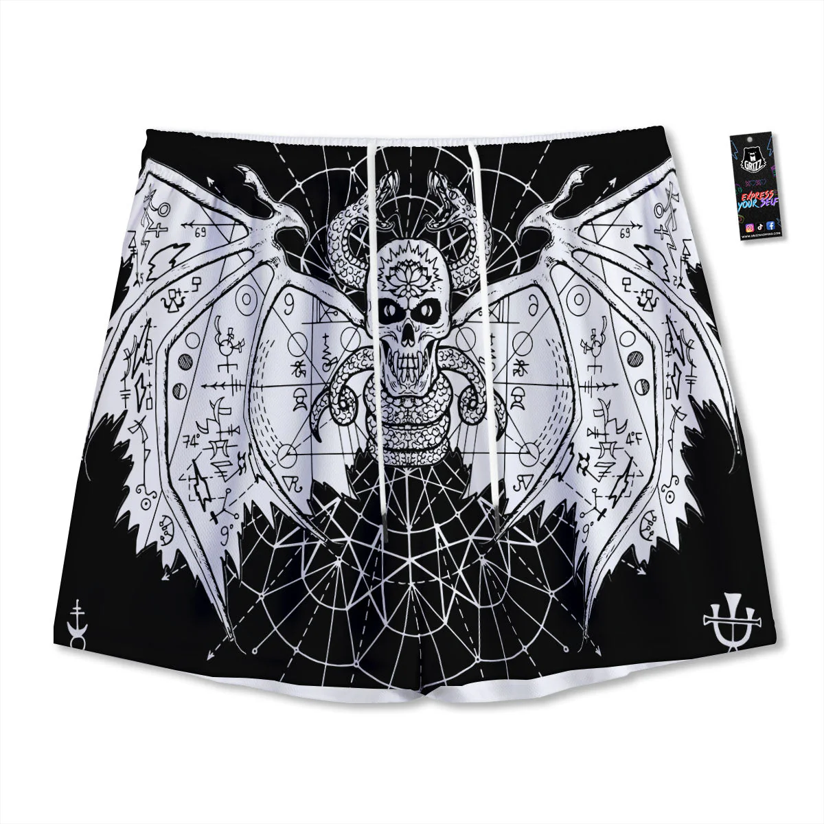 Wicca Devil Skull White And Black Print Mesh Shorts