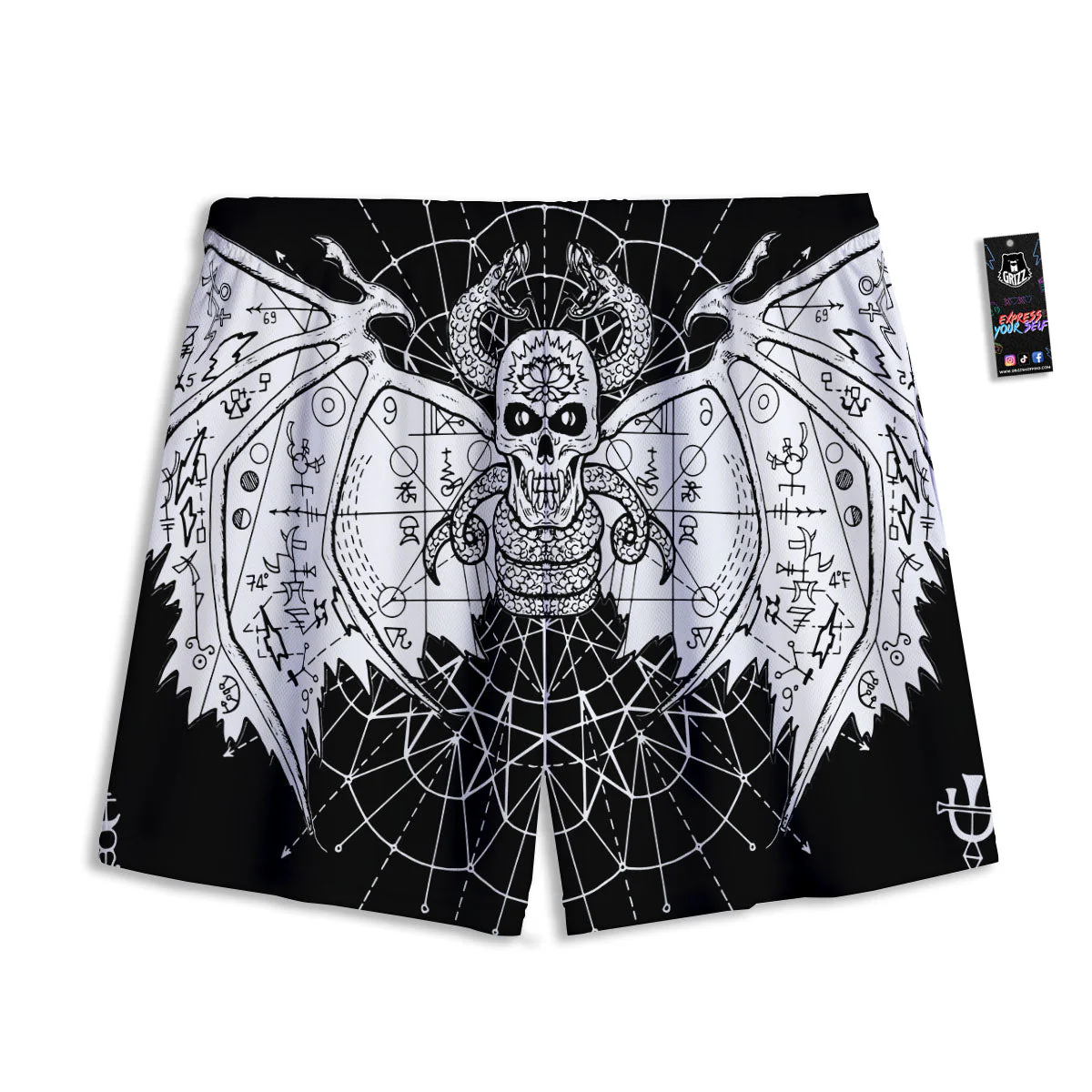 Wicca Devil Skull White And Black Print Mesh Shorts - Image 2