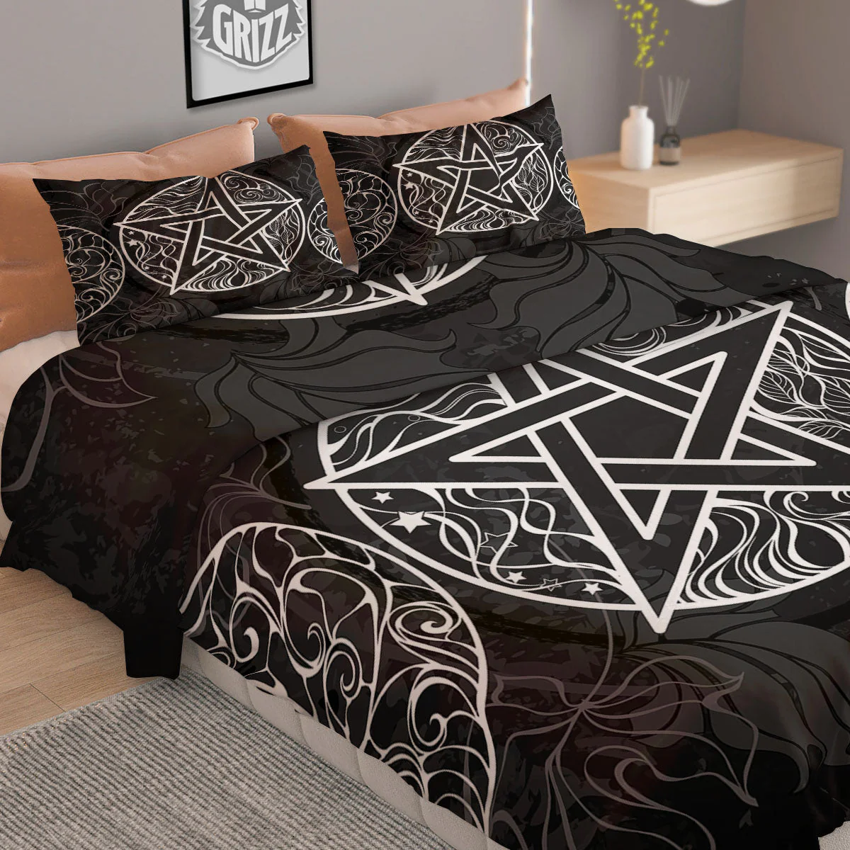 Wicca Pentagram White And Black Print Duvet Cover Bedding Set - Image 2