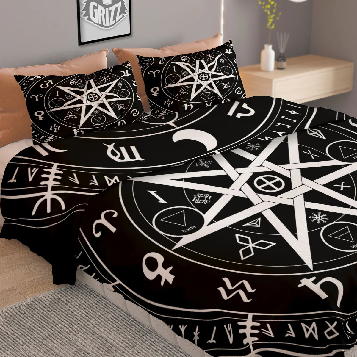 Wiccan Mystic White And Black Print Duvet Cover Bedding Set - Image 2